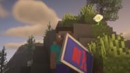 Steve holding a banner shield(Image via Minecraft)